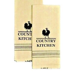 Country Kitchen Rooster Tea Towels Gray Stripes Tan Farm Chicken Farmhouse Gift